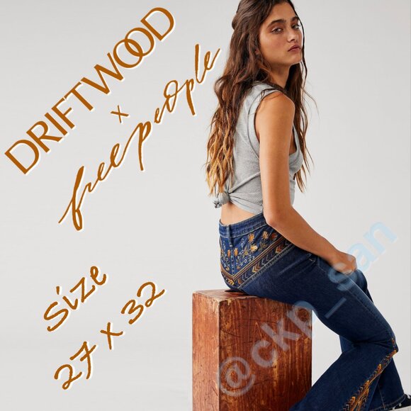 Free People x Driftwood Violet Embroidered Flare Jeans Sz 27